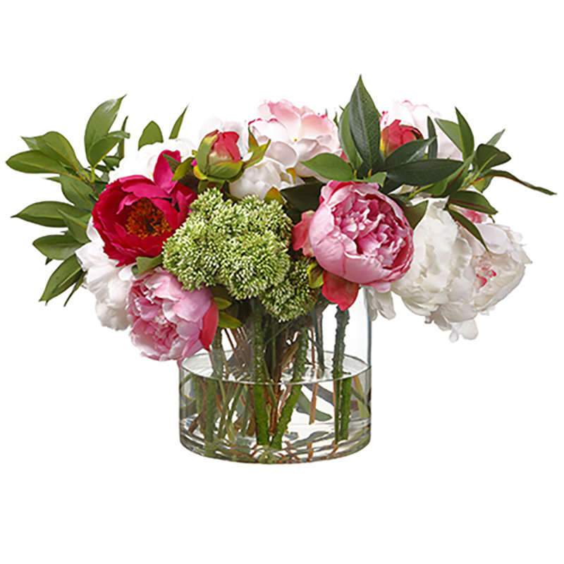 SilksAreForever 15"Hx23"W Mixed Silk Peony Flower Arrangement W/Glass